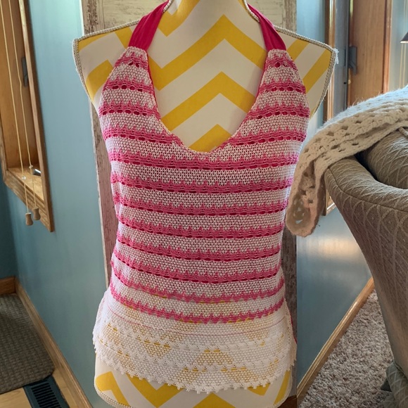Tops - Y2K Vintage Pink White Lace Crochet Halter V-neck Beach Open Back Tank Top
